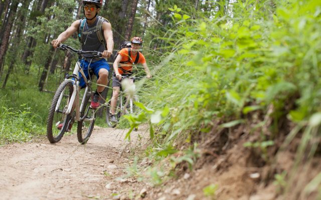 two men mountain biking on a trail in the woods